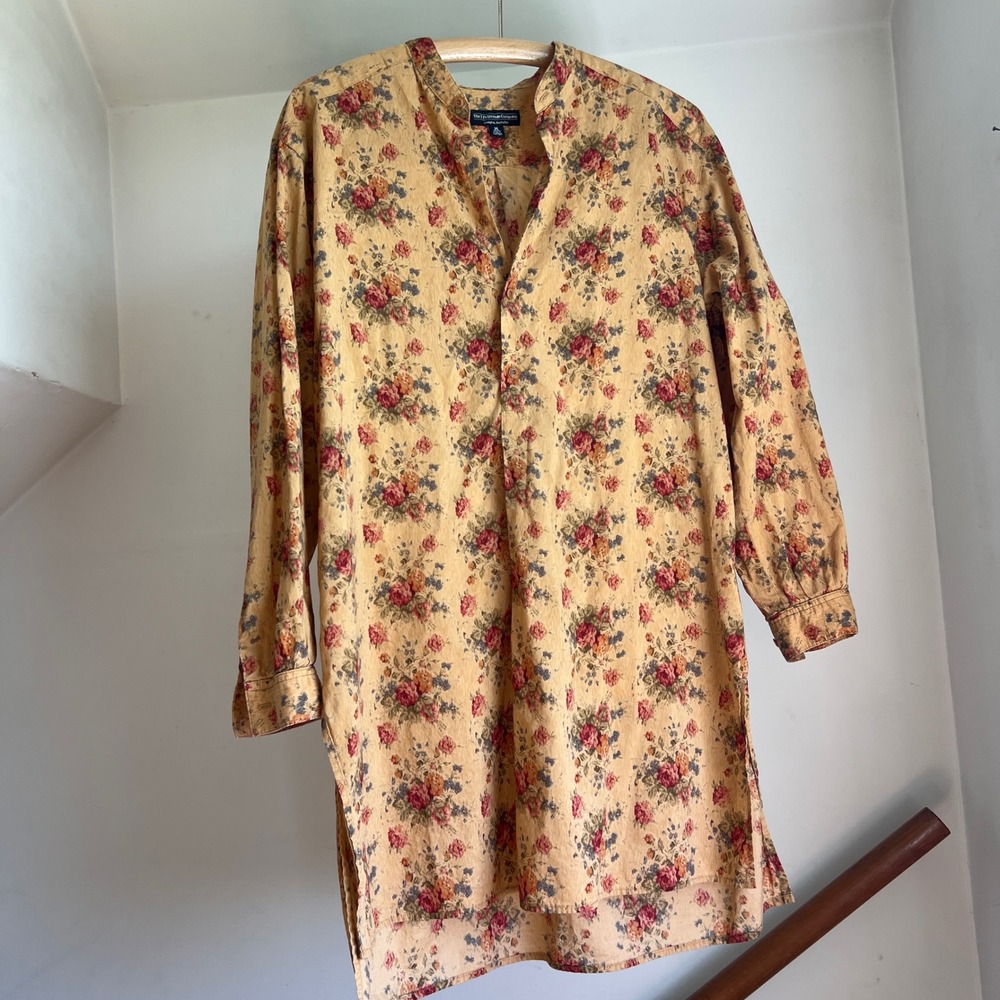 Vintage J Peterman Floral Tunic Shirt Size M Yellow Cotton Mandarin Collar Boho